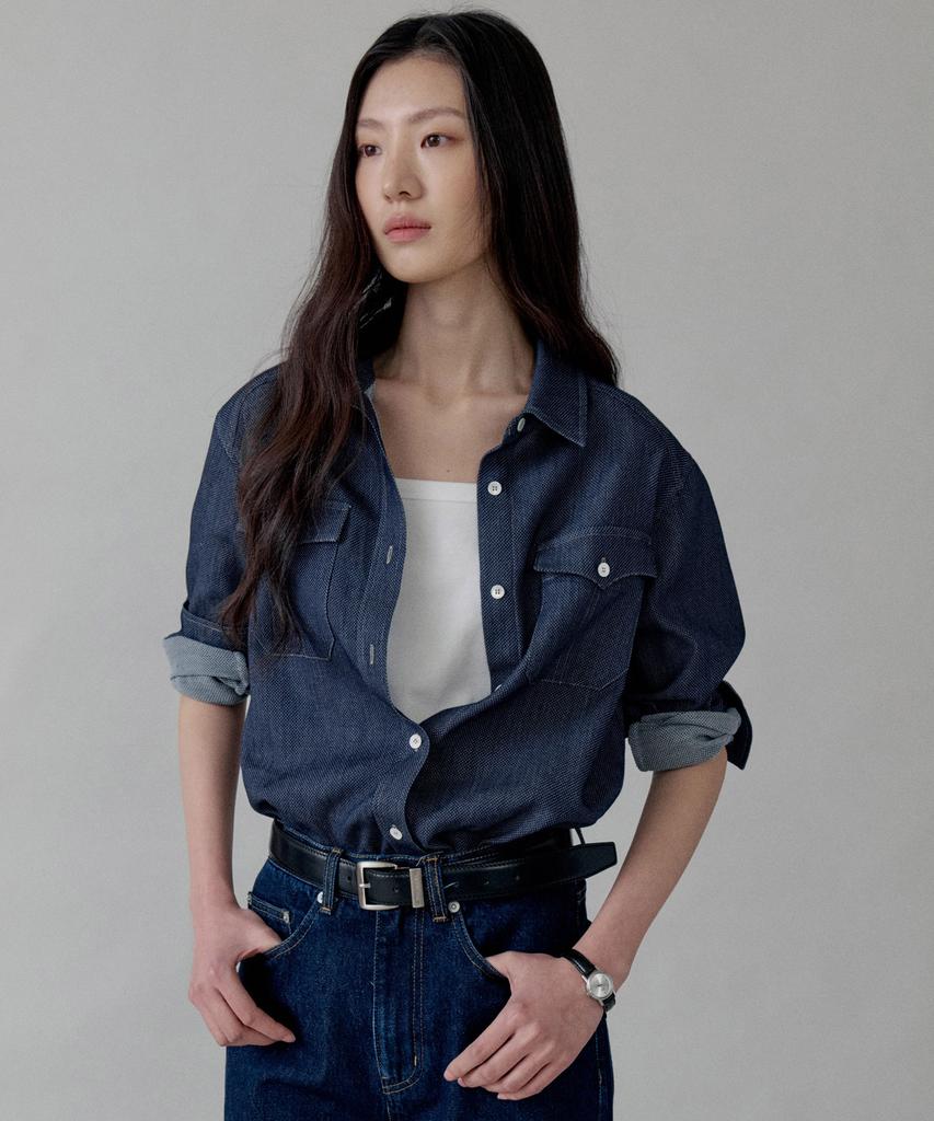 STEP AROUND Sheer Denim Western Loose Fit Shirt_Deep Blue