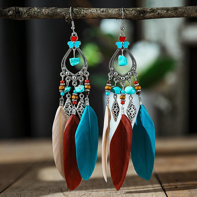Bohemian Feather Long Drop Dangle Earrings For Women Enamel Heart Flower Irregular Stone Wooden Bead Handmade Earrings Jewelry