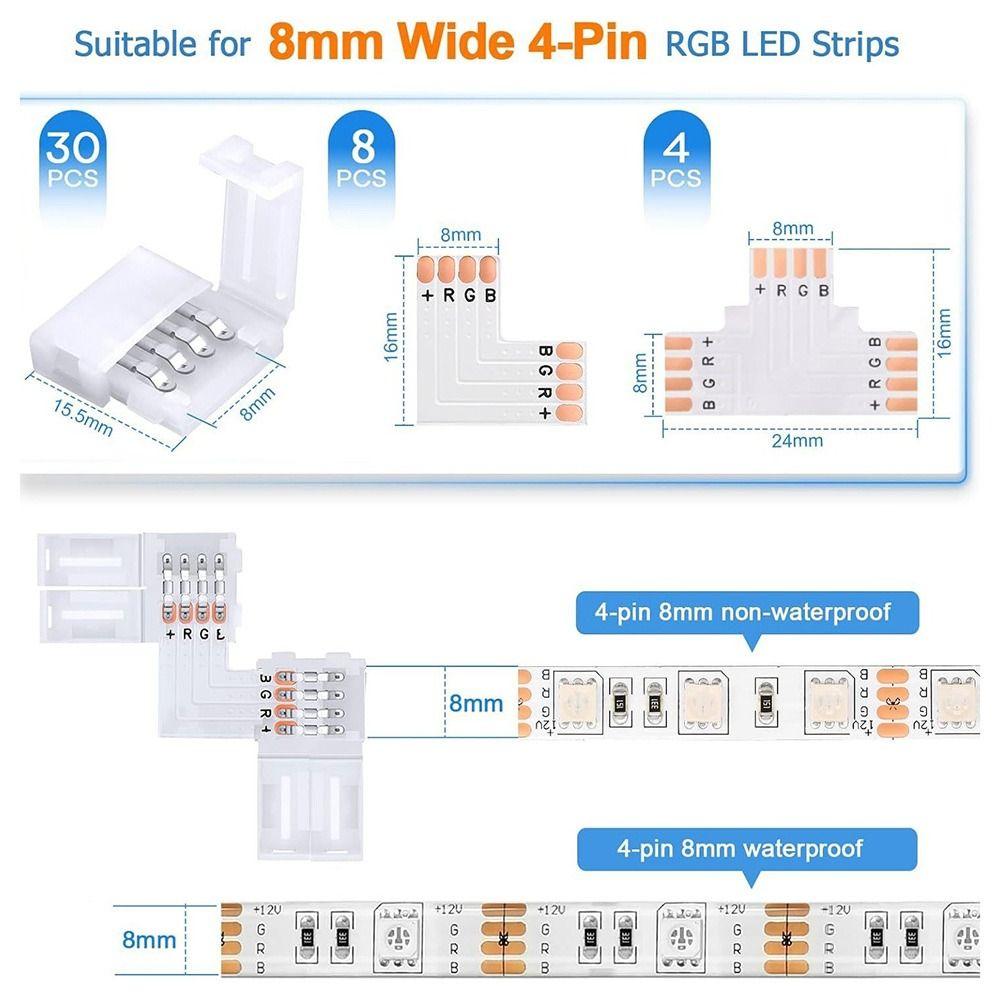 30pcs 3535/2835 LED Strip Connectors 8mm/10mm 4 Pin Connectors L Shape Connectors LED Strip Lights