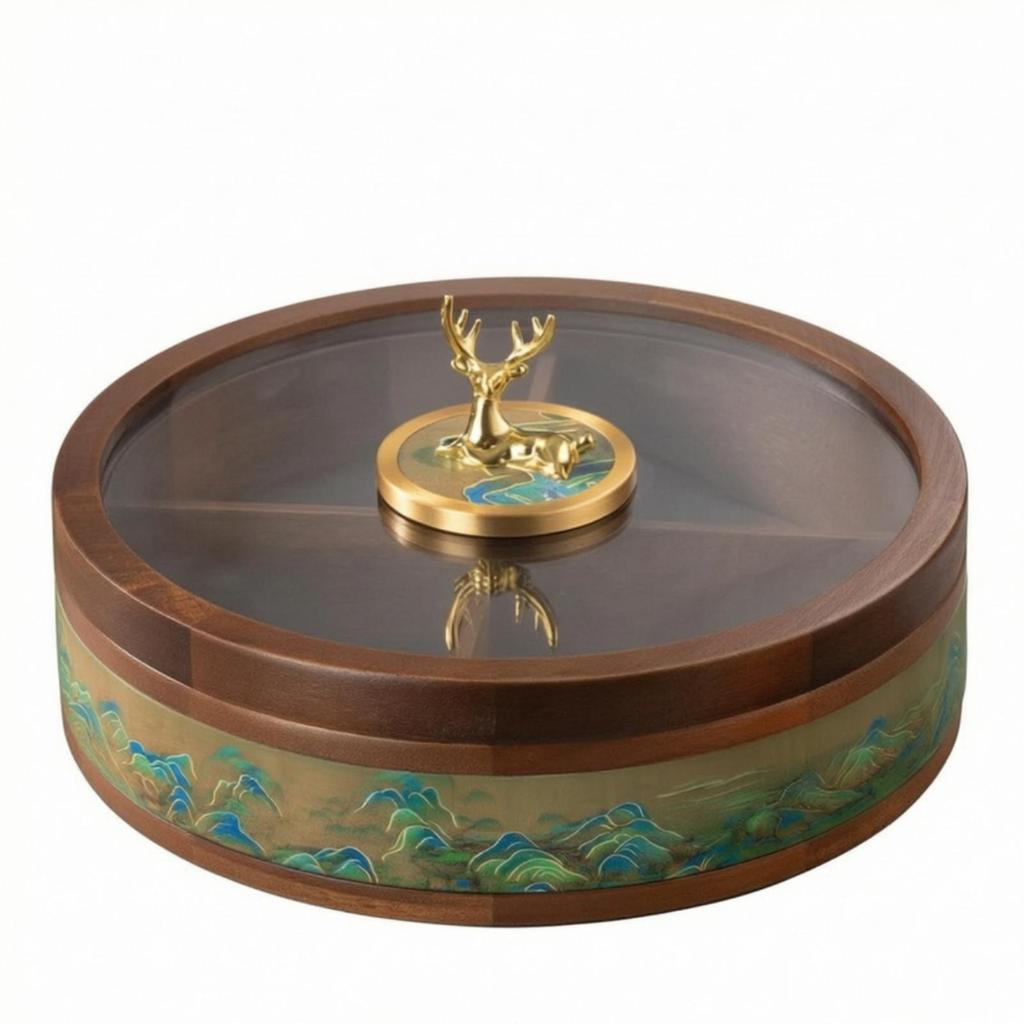 Wooden Snack Storage Box Multifunctional Round Divided Serving Tray with Lid Compartmentalized Dried