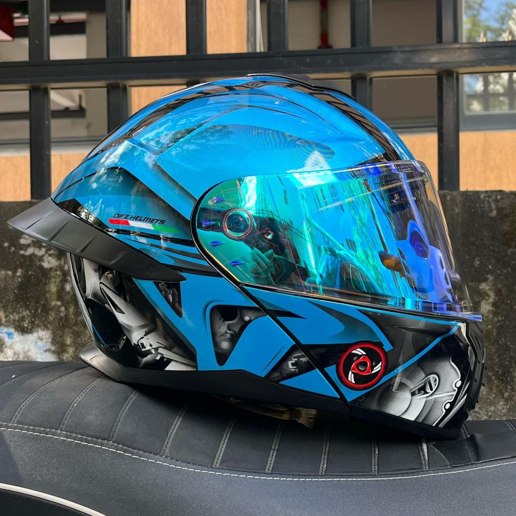 Motorcycle helmet Men's and women's face-off helmet Double mirror Winter tail semi-full cover Four Seasons Blue