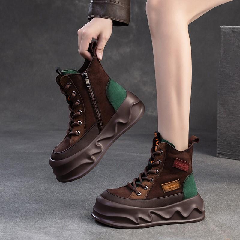 Johnature Scarpe con suola spessa e aumento dell'altezza, retrò, colori misti, stivaletti corti in vera pelle, scarpe da donna