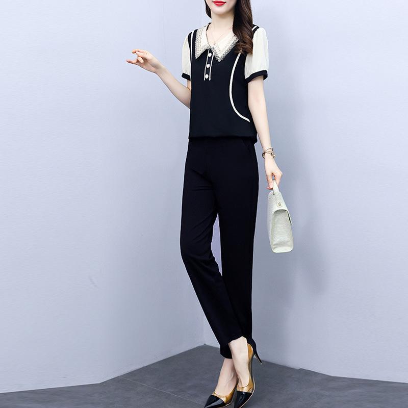Chic Chiffon Short-Sleeve Top & Long Pants Plus Size Women's High-End Summer Suit