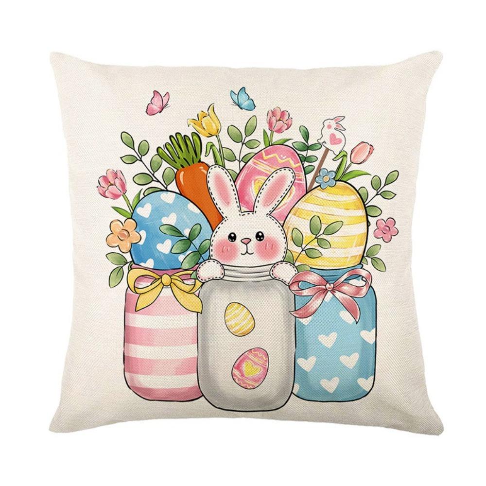Easter Celebration Pillowcase Cartoon Bunny Egg Polyester Cushion Covers with Zipper Floral Pattern Sofa Pillow Cover