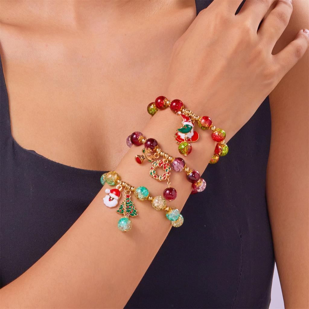 Christmas Crystal Beads Bracelet for Women, Handmade Xmas Snowflake Snowman Bell  , Sparkling Colorful Beads Stretch Bracelet