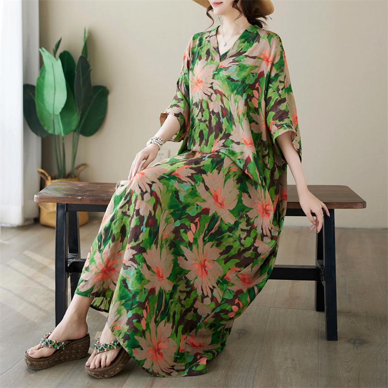 

DIMANAF 2024 платье больших размеров женское летнее платье с v-образным вырезом богемный свободный макси-платье большого размера с цветочным принтом 5012 One Size