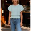 Women Round Neck Eyelet Embroidery Ruffle Sleeve Smocked Waist Casual Blouse Tops