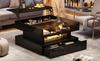 80*80*45cm Height-Adjustable Coffee Table with Hidden Storage and 2 Drawers, LED Lights, High-Gloss, Made of Tempered Glass, Black