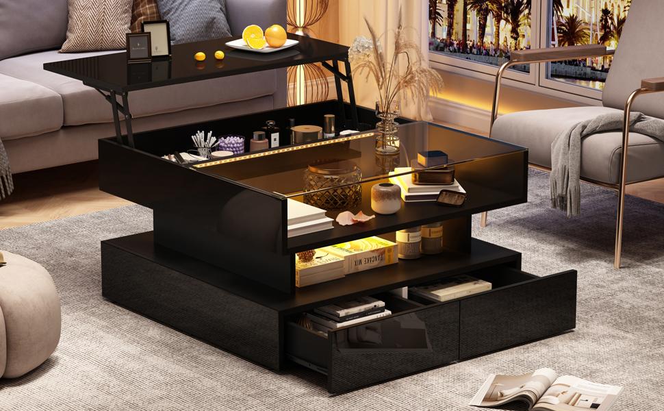 80*80*45cm Height-Adjustable Coffee Table with Hidden Storage and 2 Drawers, LED Lights, High-Gloss, Made of Tempered Glass, Black