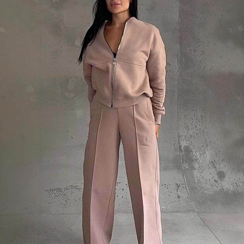 2024 Autumn/Winter Women's Casual Two-Piece Set: Zipper Jacket & Wide-Leg Pants
