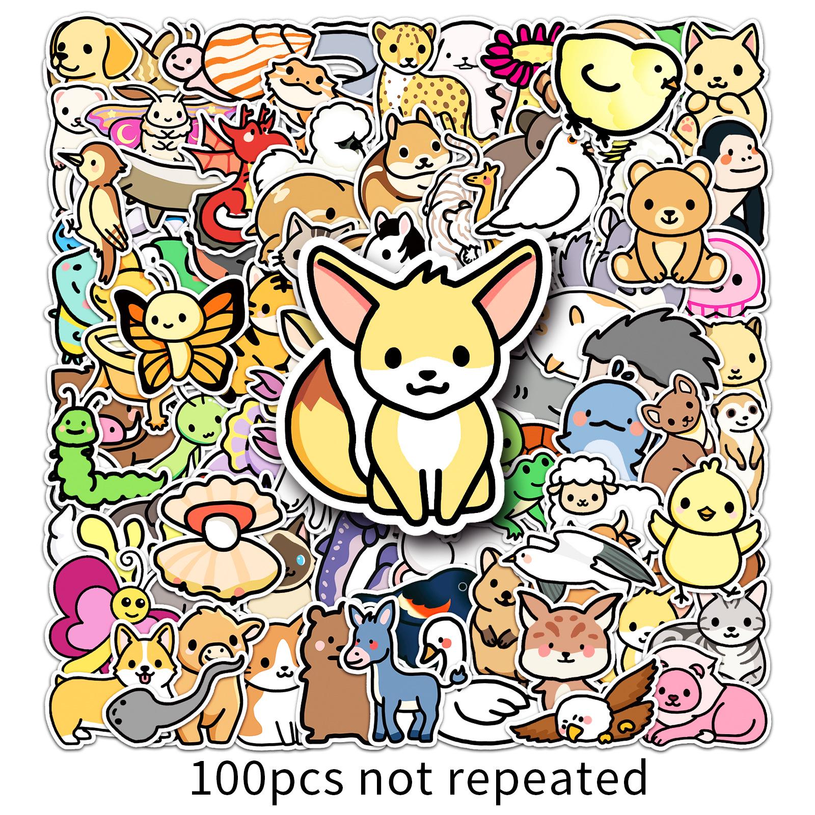 100 Cartoon Animal Doodle Stickers: Cute, Waterproof, DIY for Scrapbooks, Skateboards, Luggage