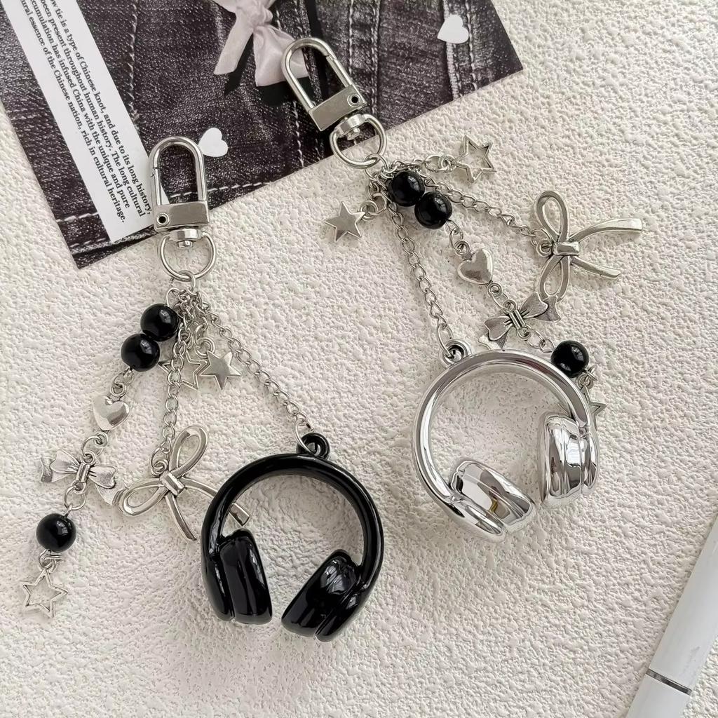 Gothic Headphone Silver Metal Star Bow Beaded Tassel Charm Trendy Aesthetic Bag Pendant For Teen Girls Best Friend Bag Charm