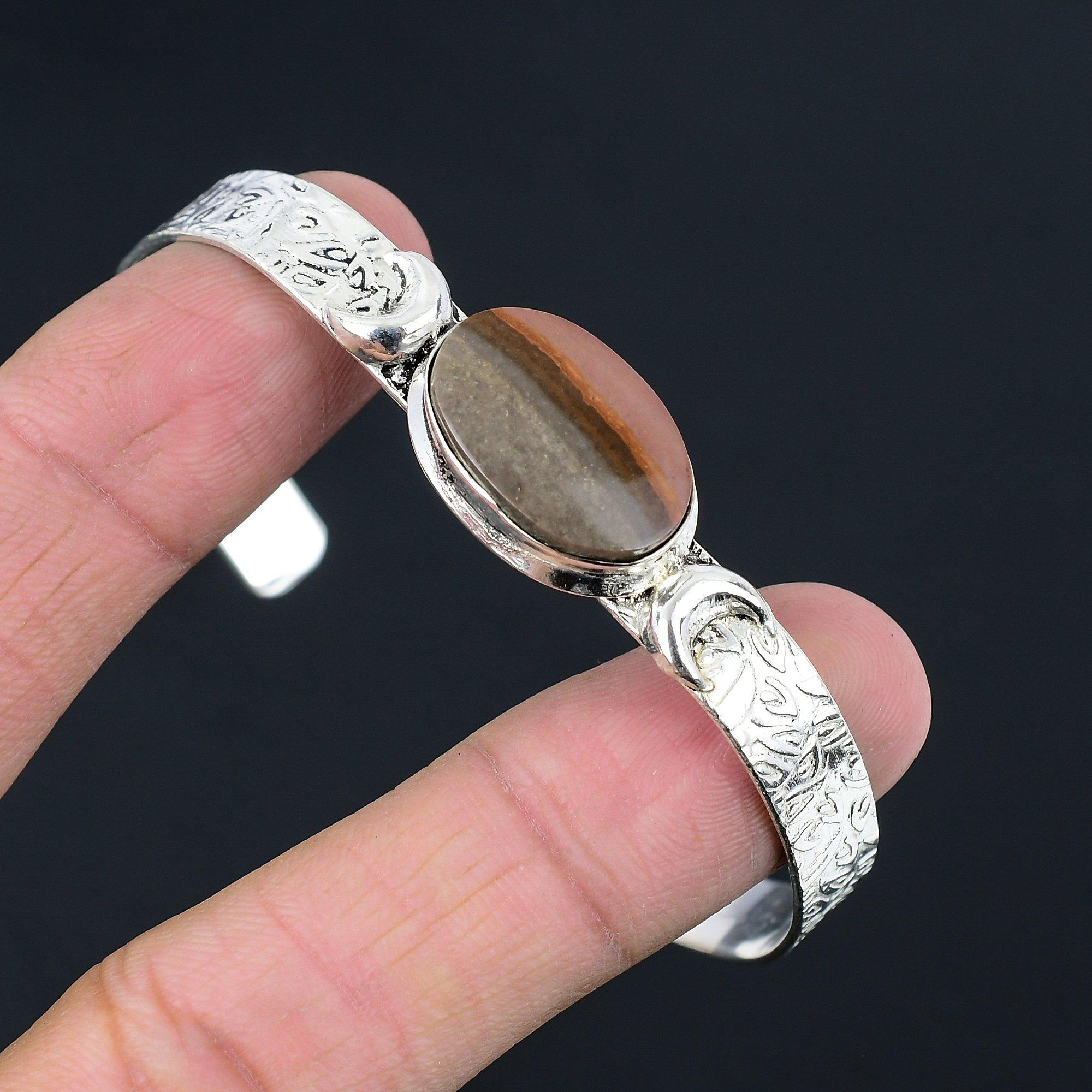 

Landscape Jasper Gemstone 925 Silver Crescent Moon Anniversary Bangle Bracelet Adjustable