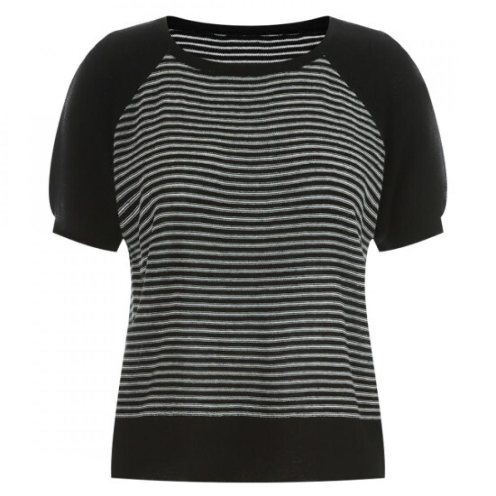Shop Women Nagrang STriped Round Linen ShorT Sleeve KniT T shirT Black Pic Wkn