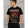 Men's Black Short-sleeve T-shirt with Vintage Tank Graphic, Crew Neck, Relaxed Fit, Soft Cotton Feel, Bold German Text Print, Ideal for Casual