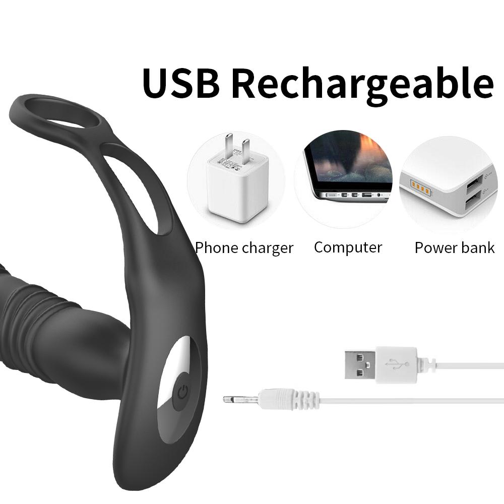3 in 1 Thrusting Anal Vibrator Remote Control Dildo Prostate Stimulator Massager Delay Ejaculation Cock Ring Sex Toy for Men Anal Plug with Telescopic