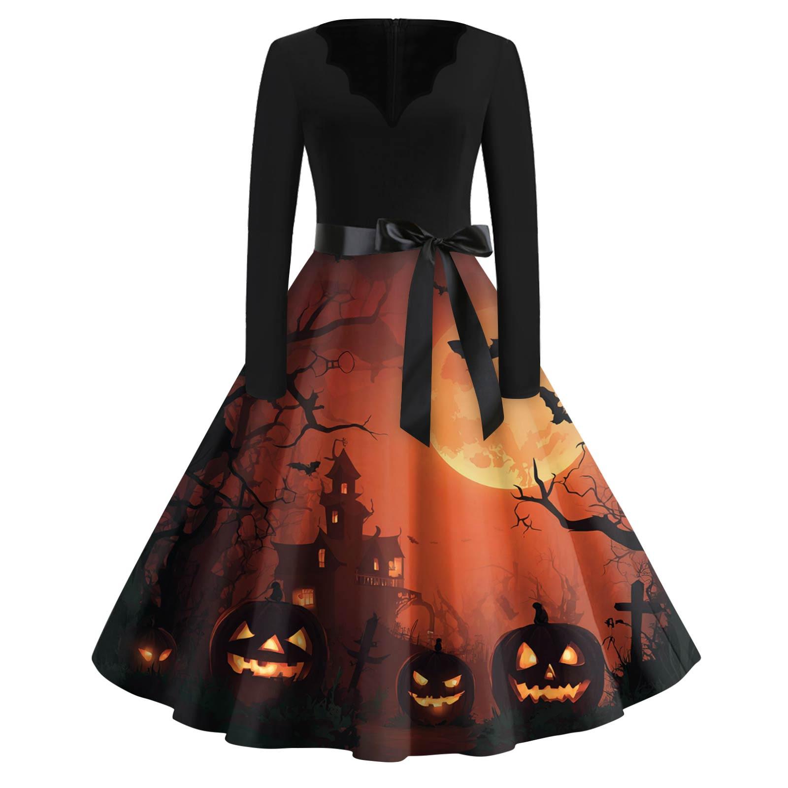 

Женская мода с v-образным вырезом, повседневные тонкие платья с длинными рукавами и принтом на Хэллоуин M оранжевый