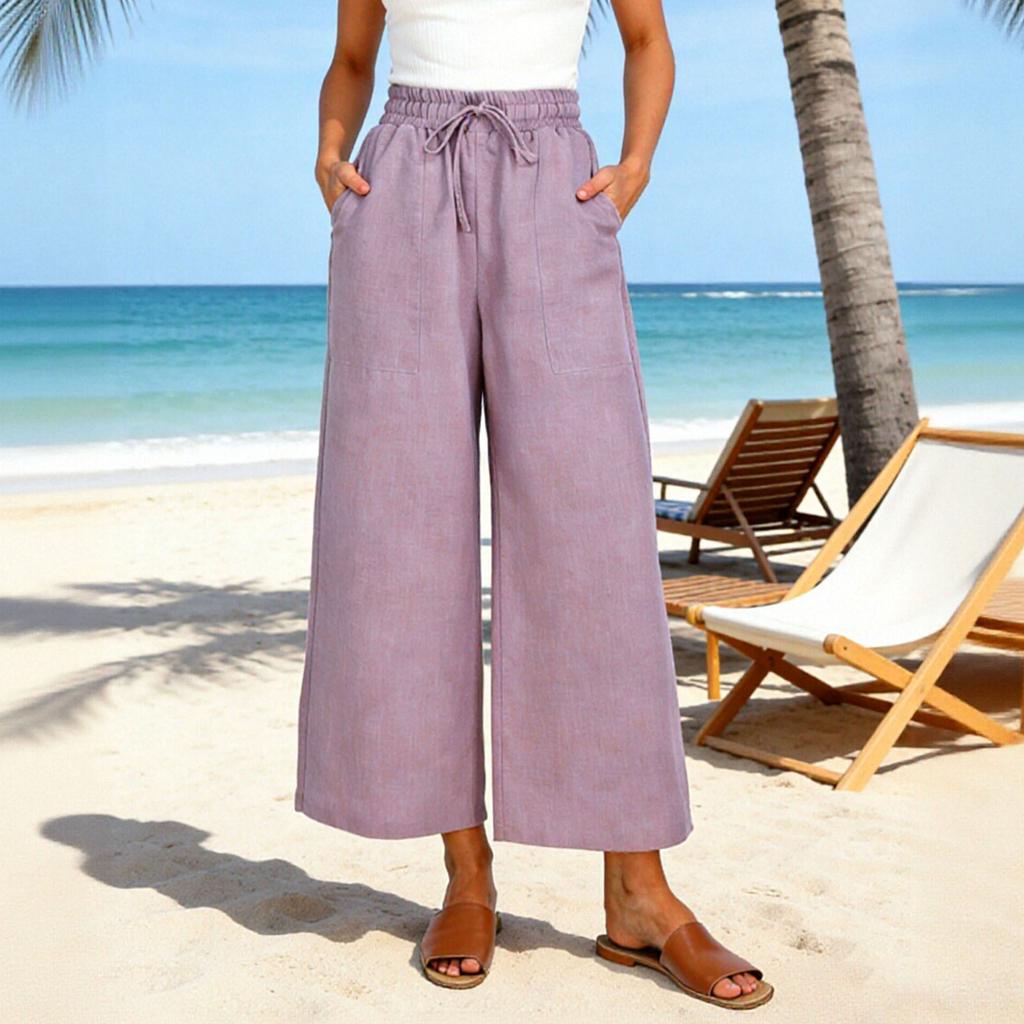 Women's Mid-length Color Drawstring Casual Pants, High-waisted, Loose Wide-leg Pants