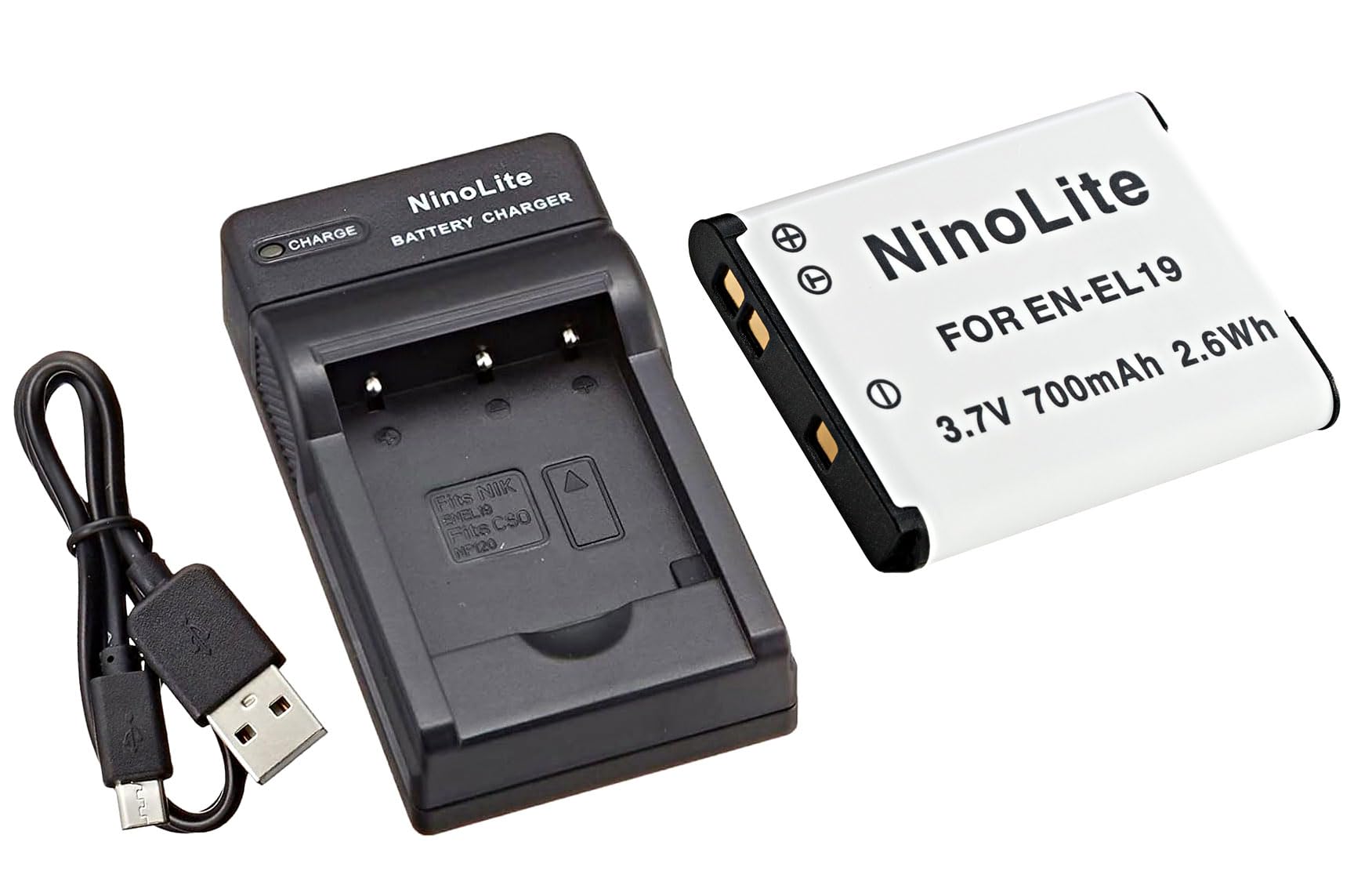 

NinoLite 3-piece set EN-EL19 compatible battery + USB charger + international plug dc109enel19