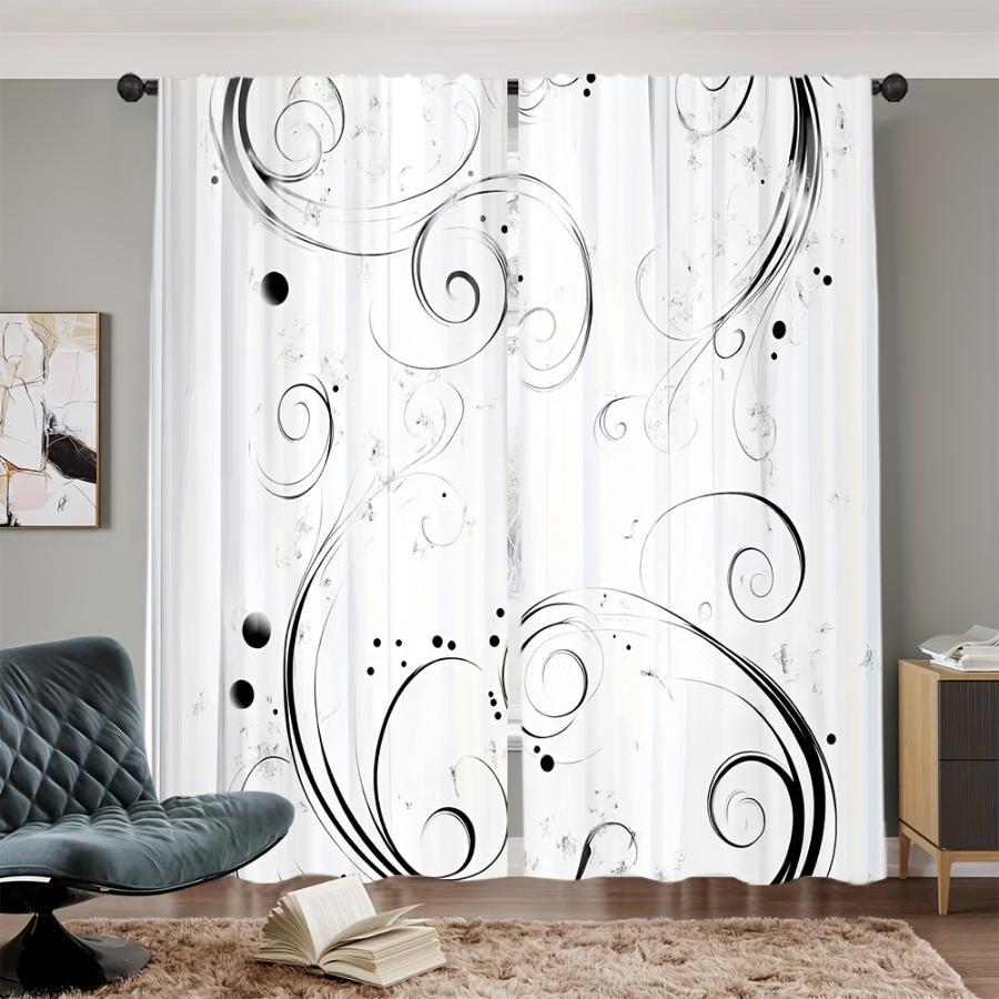 2PCS Digital Printed Curtains, Ink Scroll Pattern Pattern, Artistic Pattern Window Drapes for Living Room Bedroom Decor