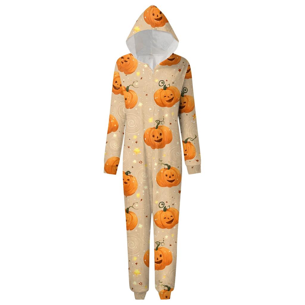 Halloween Print Family Matching Hooded Long Sleeved Zippered Jumpsuit Set