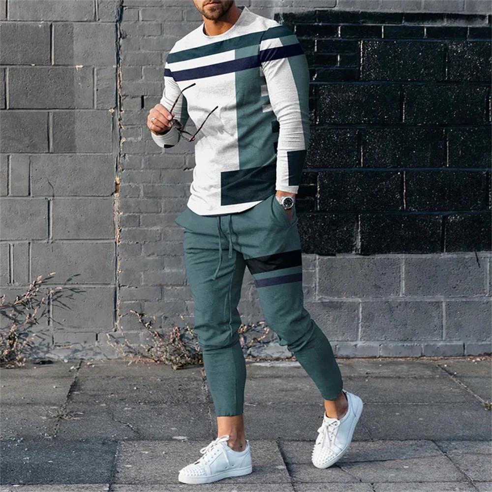 Jogging Sweatshirt Set Men's Color Contrast Stitching 3D Printing Fashion Casual Spring Autumn Sailor Collar Sweatshirt And Pant