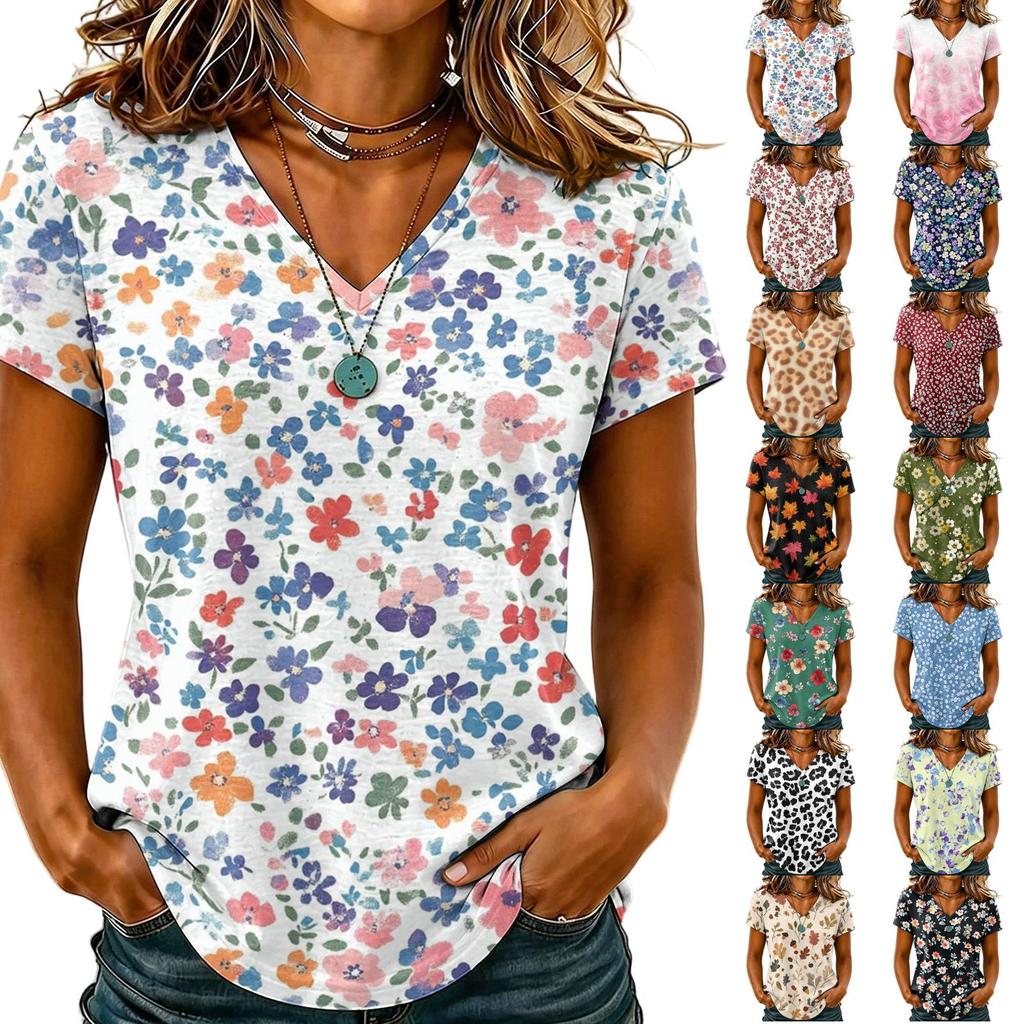 Womens Casual V Neck T Shirt Short Sleeve Floral Print Top Lightweight Comfortable Soft Fabric Blouse for Everyday Wear