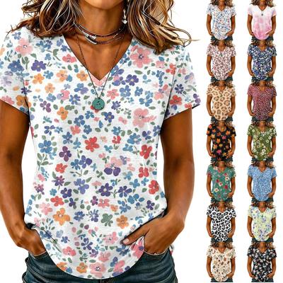 Damen Freizeit V-Ausschnitt T-Shirt Kurzarm Blumenprint Oberteil Leichter Bequemer Weicher Stoff Bluse für den Alltag
