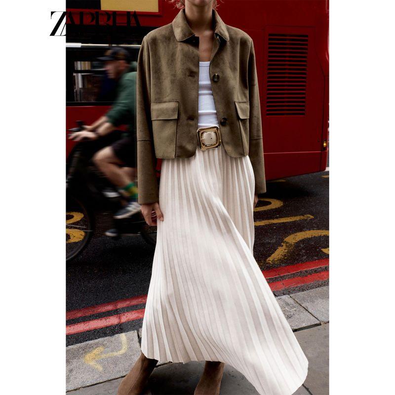 Zaprha 2025 Autumn New With Belt Suede Effect Pleated Midi Skirt High Sense 3046252