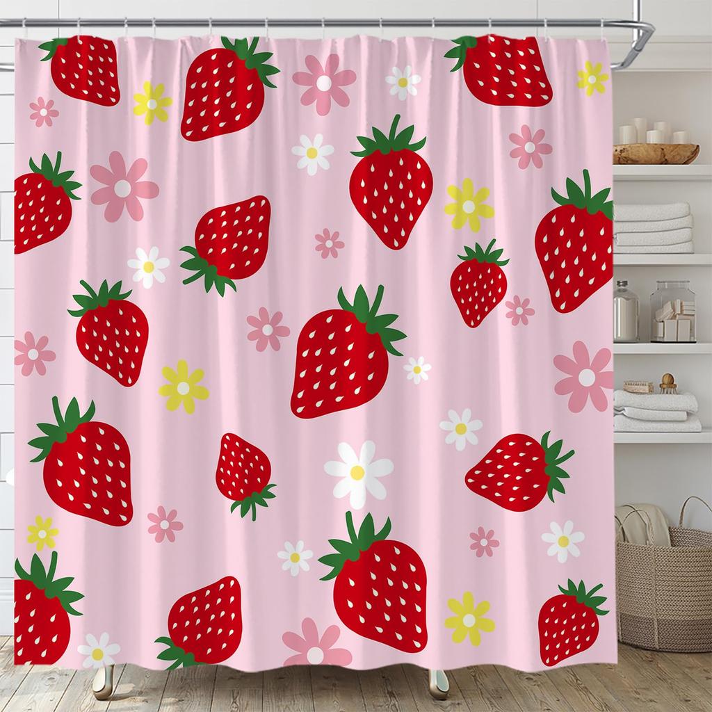 Kawaii Strawberry Shower Curtain For Bathroom Decor, Cute Pink Fruit Shower Curtain Waterproof Fabric Bath Curtain With Hooks