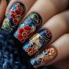 24 Pcs Medium Length Ballet Press On Nails Brown Floral Design Full Cover Detachable Fake Nails Manicure Set
