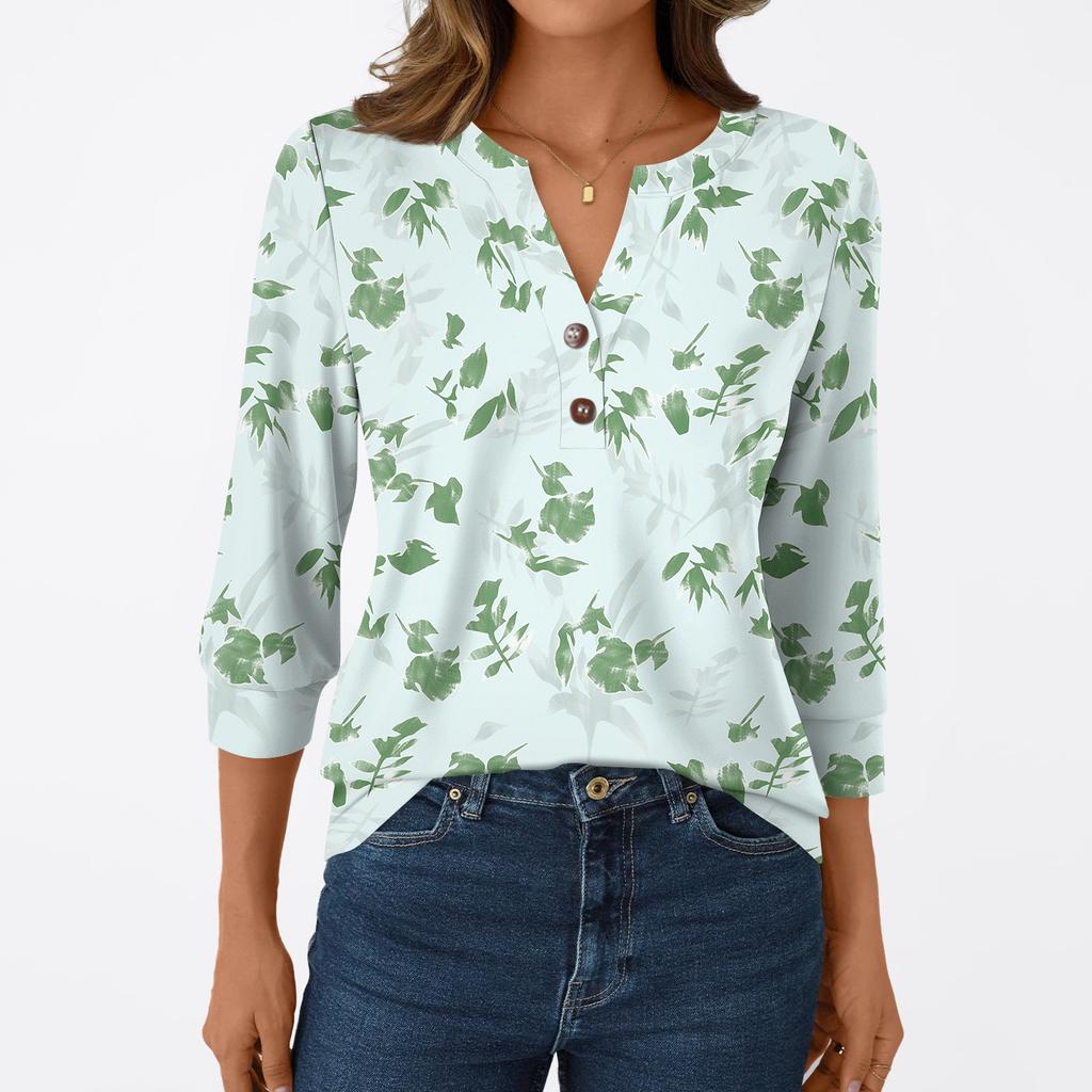 Women's Fashion Casual 3/4 Sleeve T-Shirt Prints V-Neck Button Top