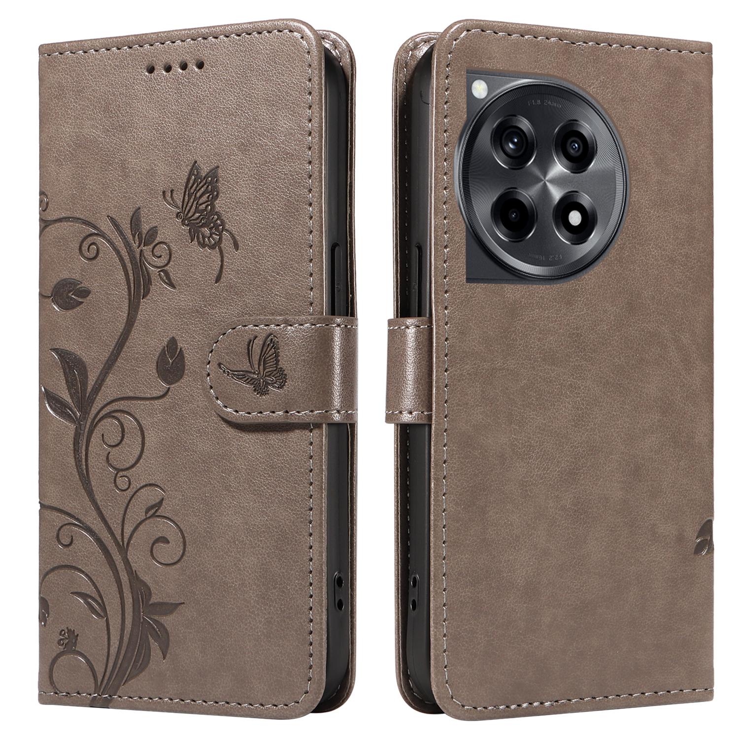 

For OnePlus 12R 5G/Ace 3 5G PU Leather Cases Flower Pattern Wallet Stand Phone Cover with Strap Grey