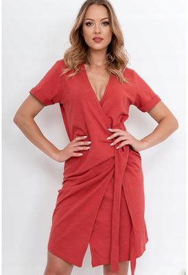 Women's Knitted Wrap Dress To the Knee Cotton Coral S
