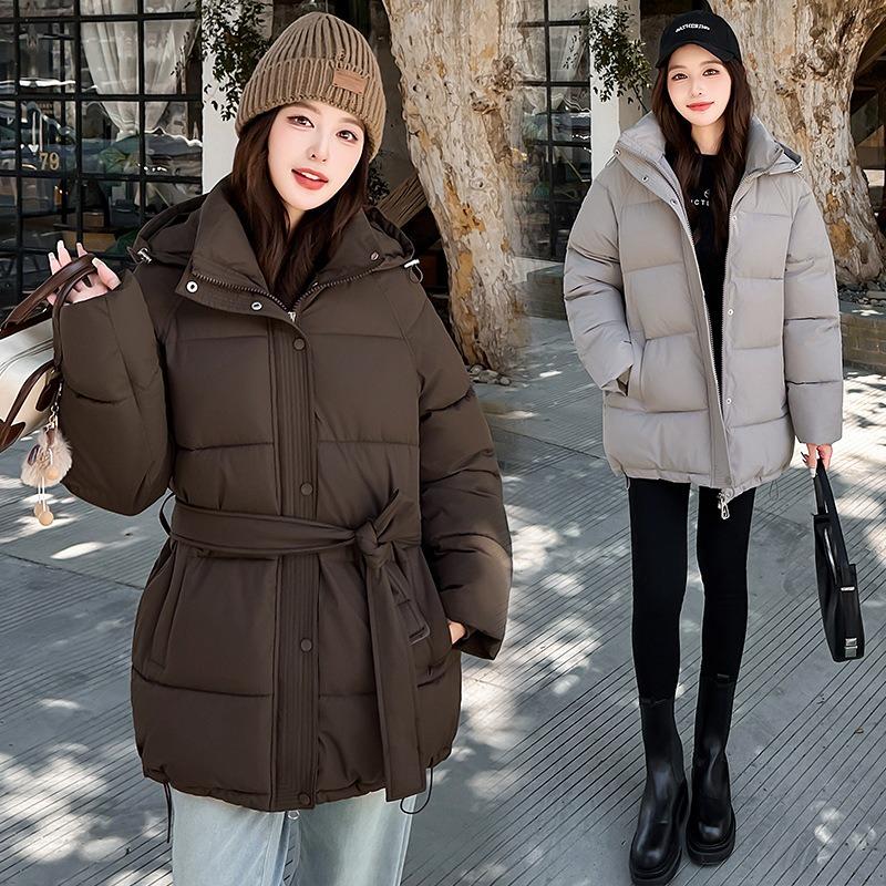 Wind belt down cotton clothes women's winter new fashion waist thin thickened sweet coat tide
