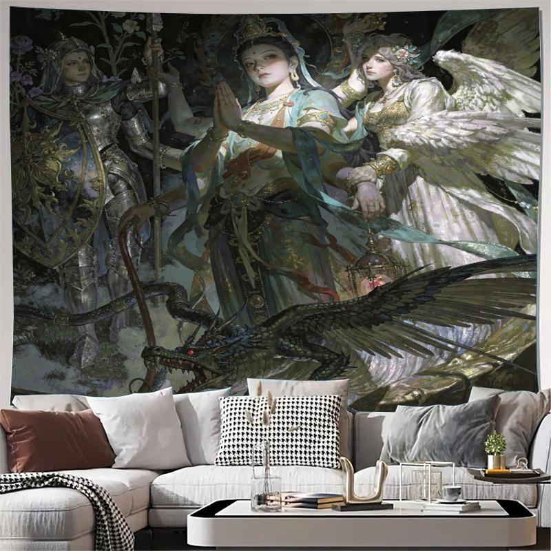 Luxury Fantasy Tapestry Wall Hanging Mural Art Mythological Angel Dragon Warrior Knight Epic Gothic Style Decor Home Room Decora