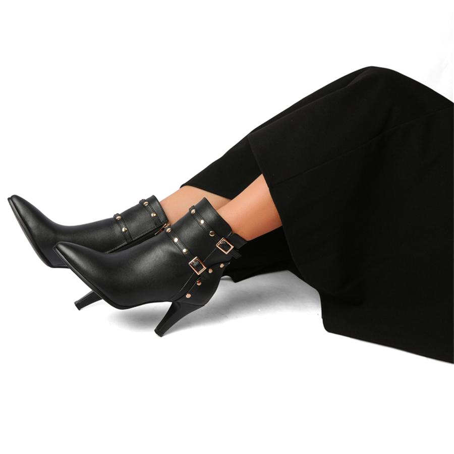 FOREADA Damskie Botki do Kostki Szpiczasty Nosek Niskie Obcasy Klamra Zamek Nity Krótkie Buty Damskie Modne Buty Zimowe Czerwone 46