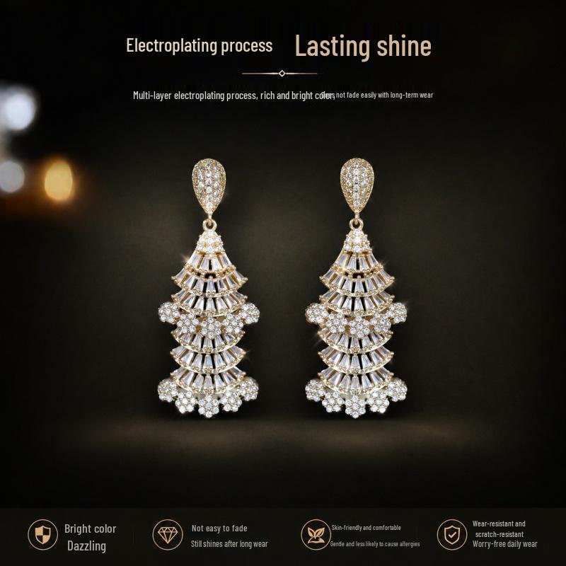 Elegant Long Zircon Inlaid Pagoda Earrings for Women - S925 Silver Needle Fashion Evening Dangles