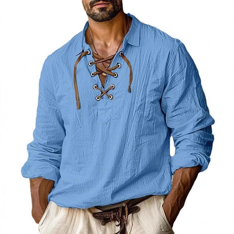 Neues Herren Übergröße V-Ausschnitt Leinenhemd - Einfarbig, Locker, Langärmlig, Grenzüberschreitender europäischer & amerikanischer Stil mit Kentkragen.