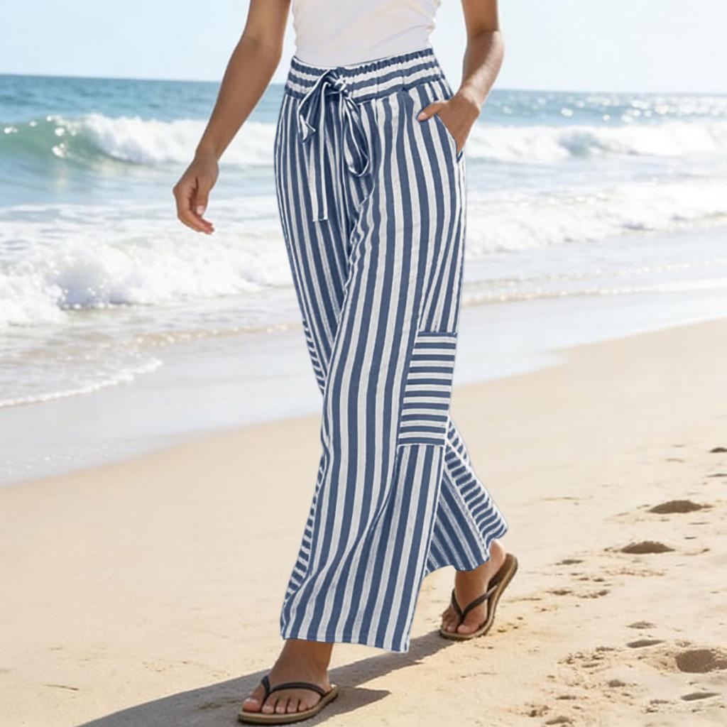 Women Striped Loose Fit Casual High Waist Wide Leg Straight Drawstring Pants with Pockets Comfortable Relaxed Fit