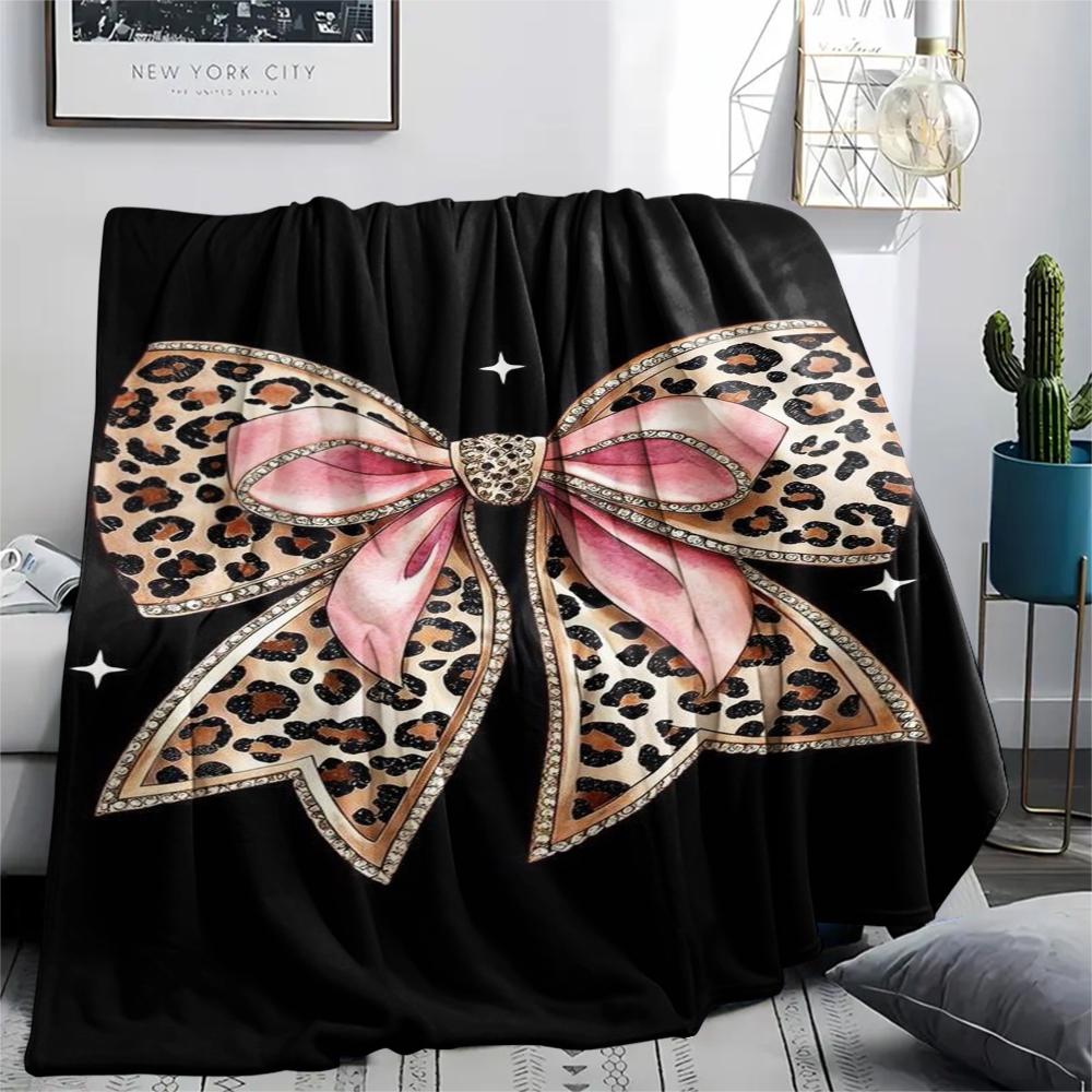1Pc Leopard Bow Print Flannel Blanket, High quality Comfortable for All Seasons, Home Decor, Warmth and Comfort, Perfect for Gifts