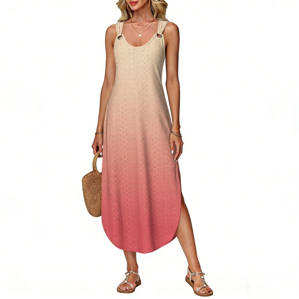 Women's Summer Long Dress, Sleeveless with Side Slits, Long Gradient Vest Dress