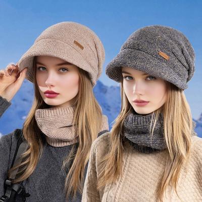 2Stk/Set Damen Wintermütze Schal Set Einfarbig Elastisch Verdickt Ohrenschutz Strickmütze Winddicht Halstuch Set