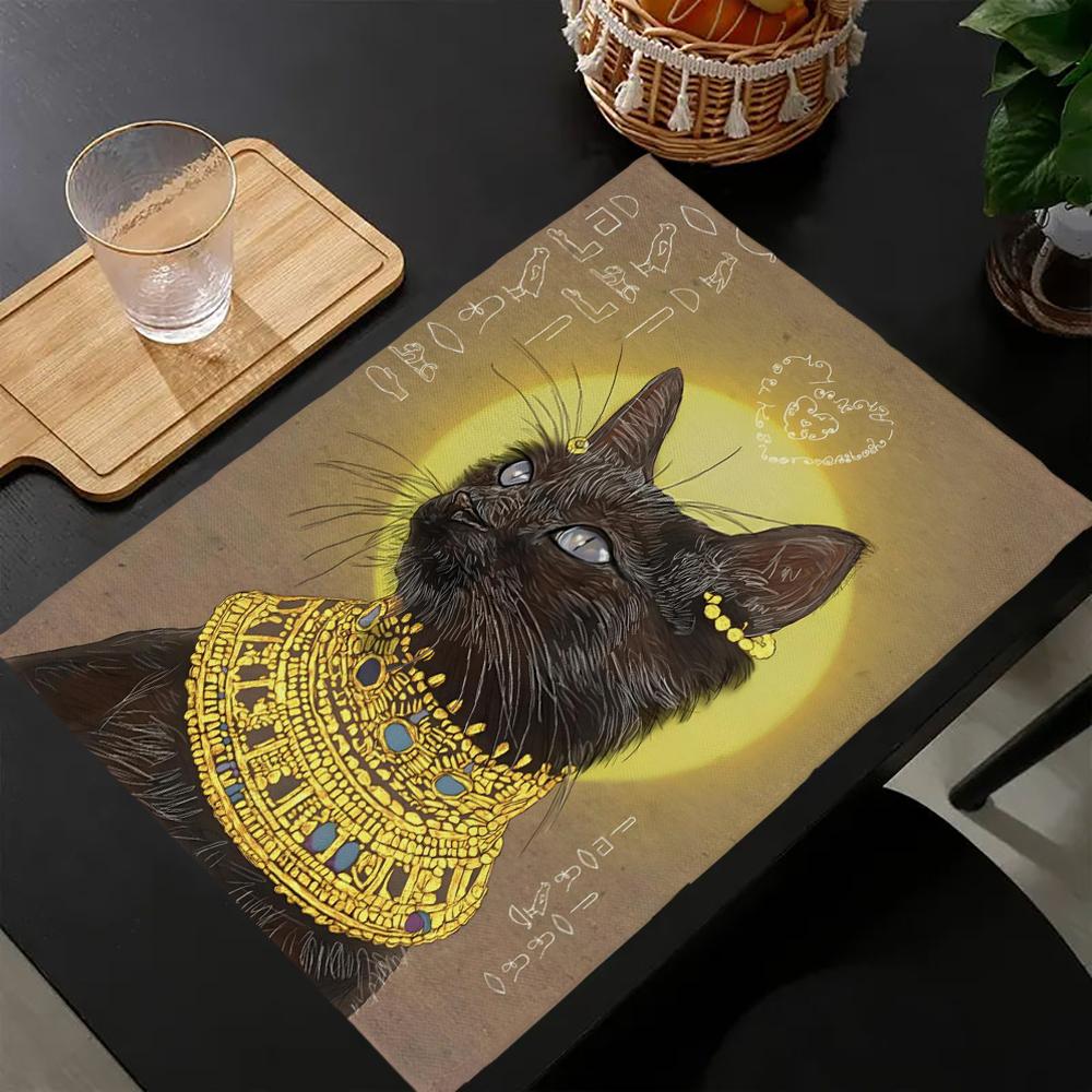 1PC Placemat,A black cat in ancient Egypt abstract art, Dining Table Decor, Kitchen Supplies, Home Decor