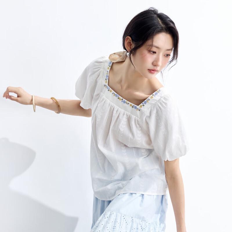 INMAN Women's French Embroidered Cotton Square Neck Puff Sleeve Blouse