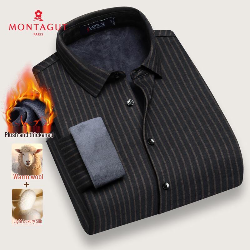 MONTAGUT Men s Wool Silk Blend Fleece-Lined Business Striped Long-Sleeve Shirt 54
