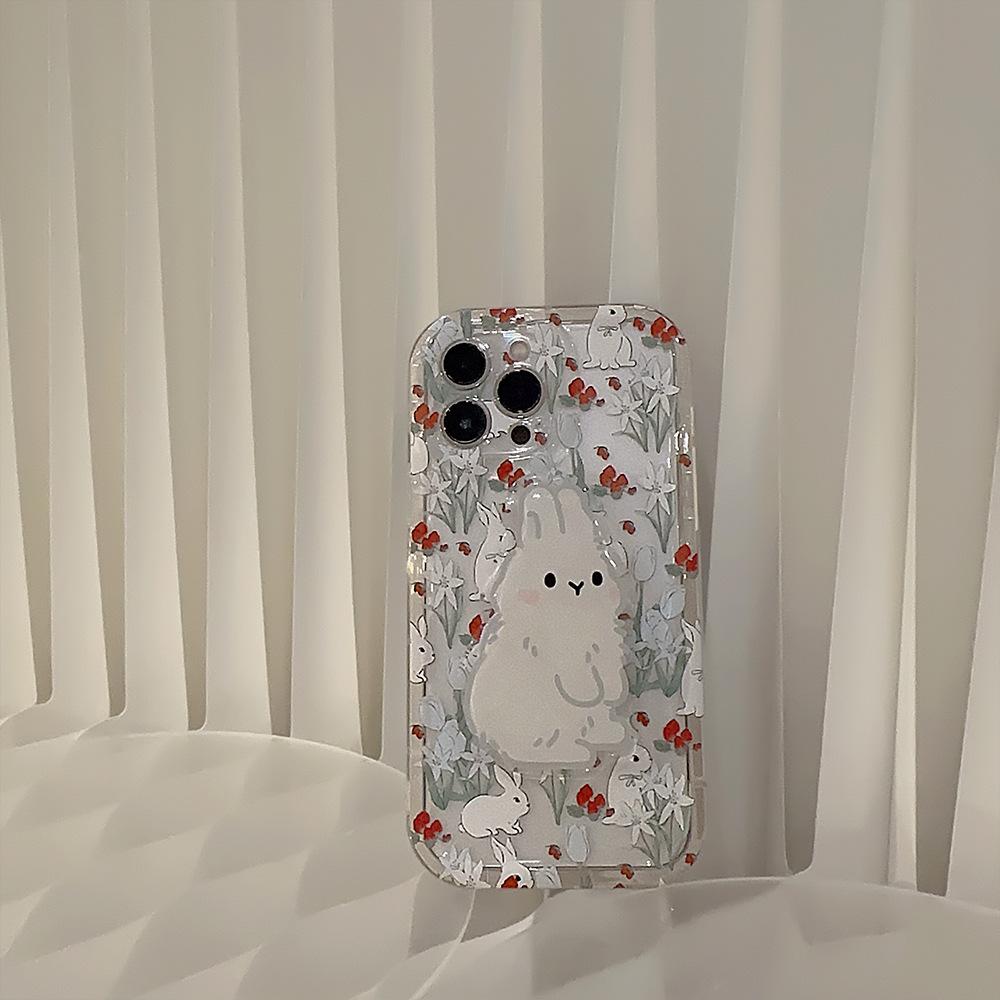 Korean-style floral rabbit design applicable iphone13Apple14Phone case11Cute girl15pro max Bracket16Transparent