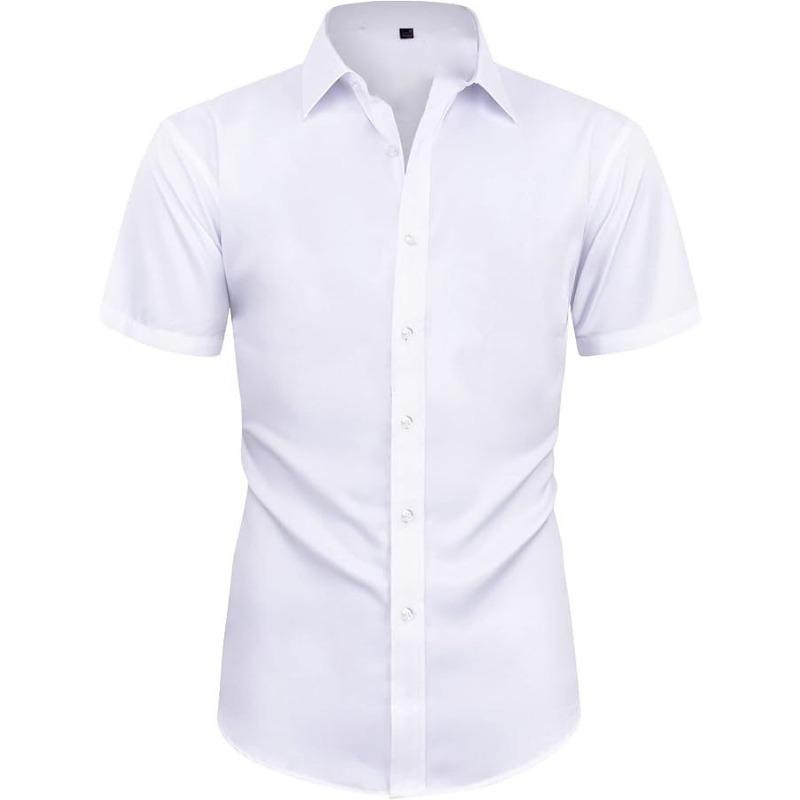 

Men White Short Sleeve Shirt Slim Fit Solid Color Formal Button Up Top S белый