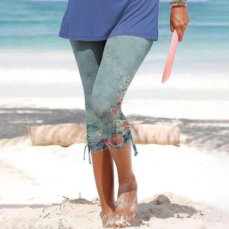 Women Summer Casual Cropped Trousers Skinny Leggings Elastic Waist Cycling Shorts Printed Vacation Pants
