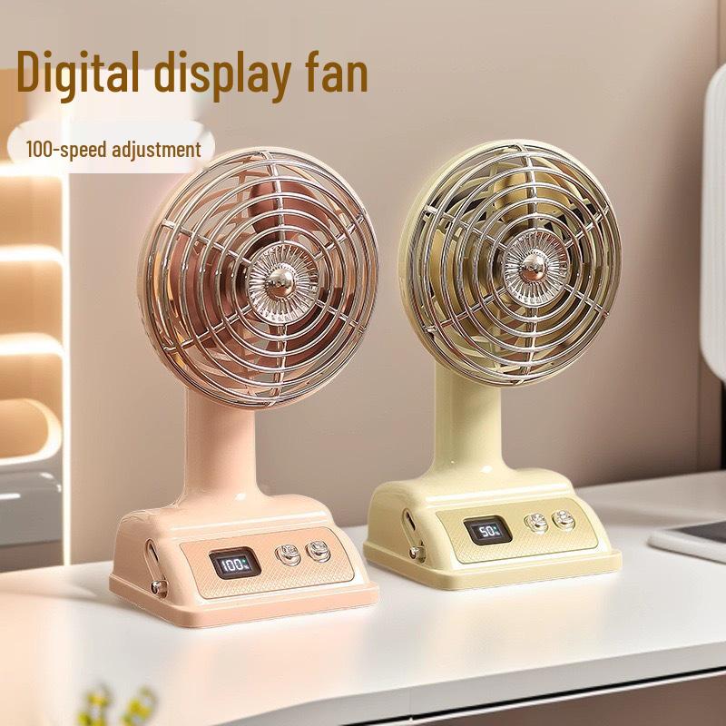 Retro USB Desk Fan - Compact Digital Display for Office, Dorm, or Home